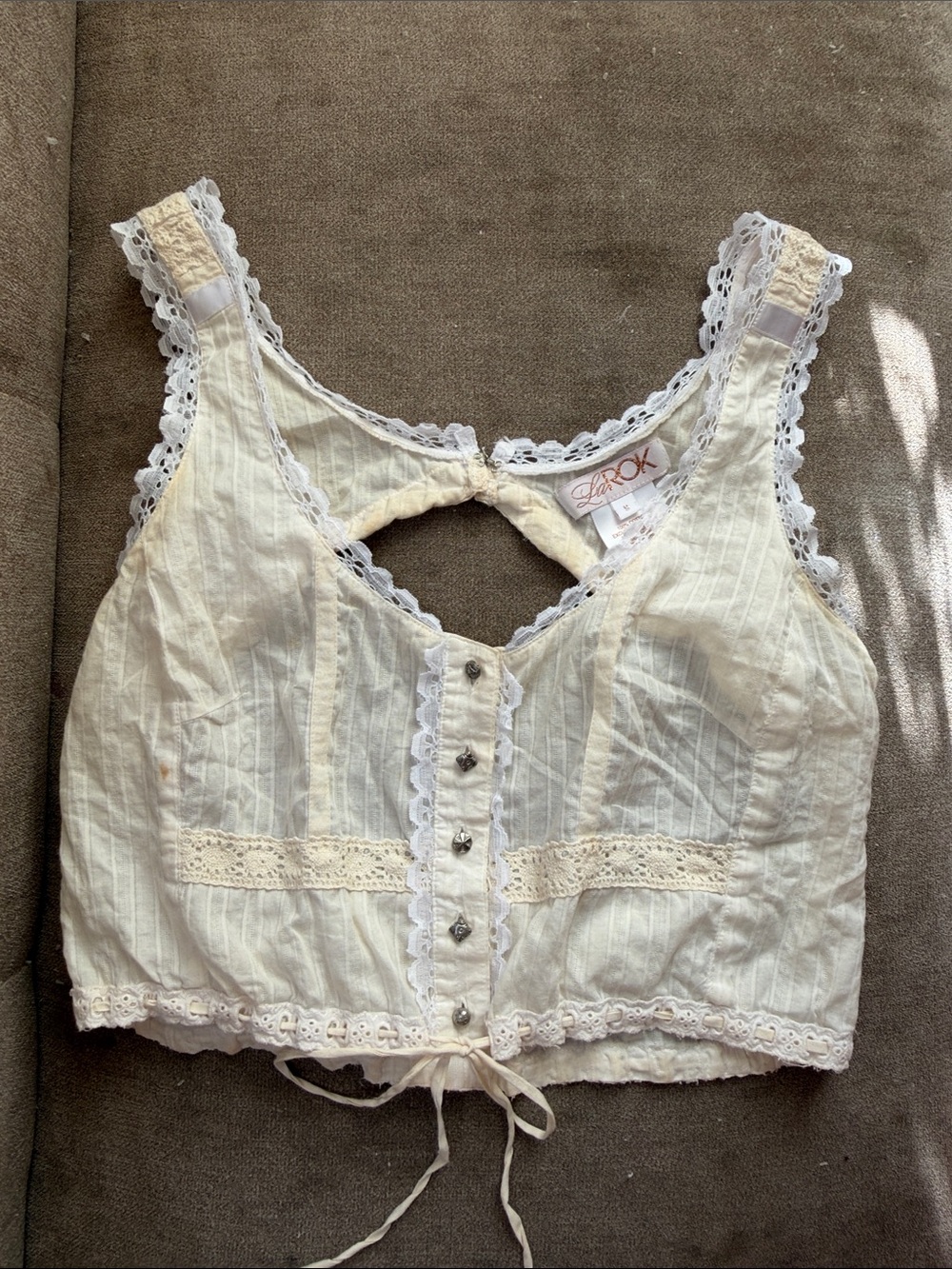 LaRok Cream Lace-Trim Button-Front Victorian vintage romantic Cropped Camisole